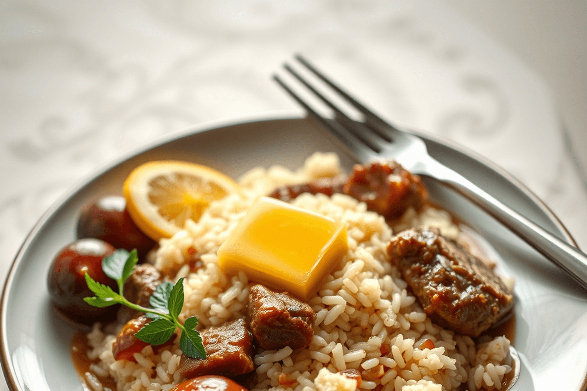 Plov de cordero con ciruelas y azafrán servido en fuente blanca, decorado con perejil fresco y arroz dorado