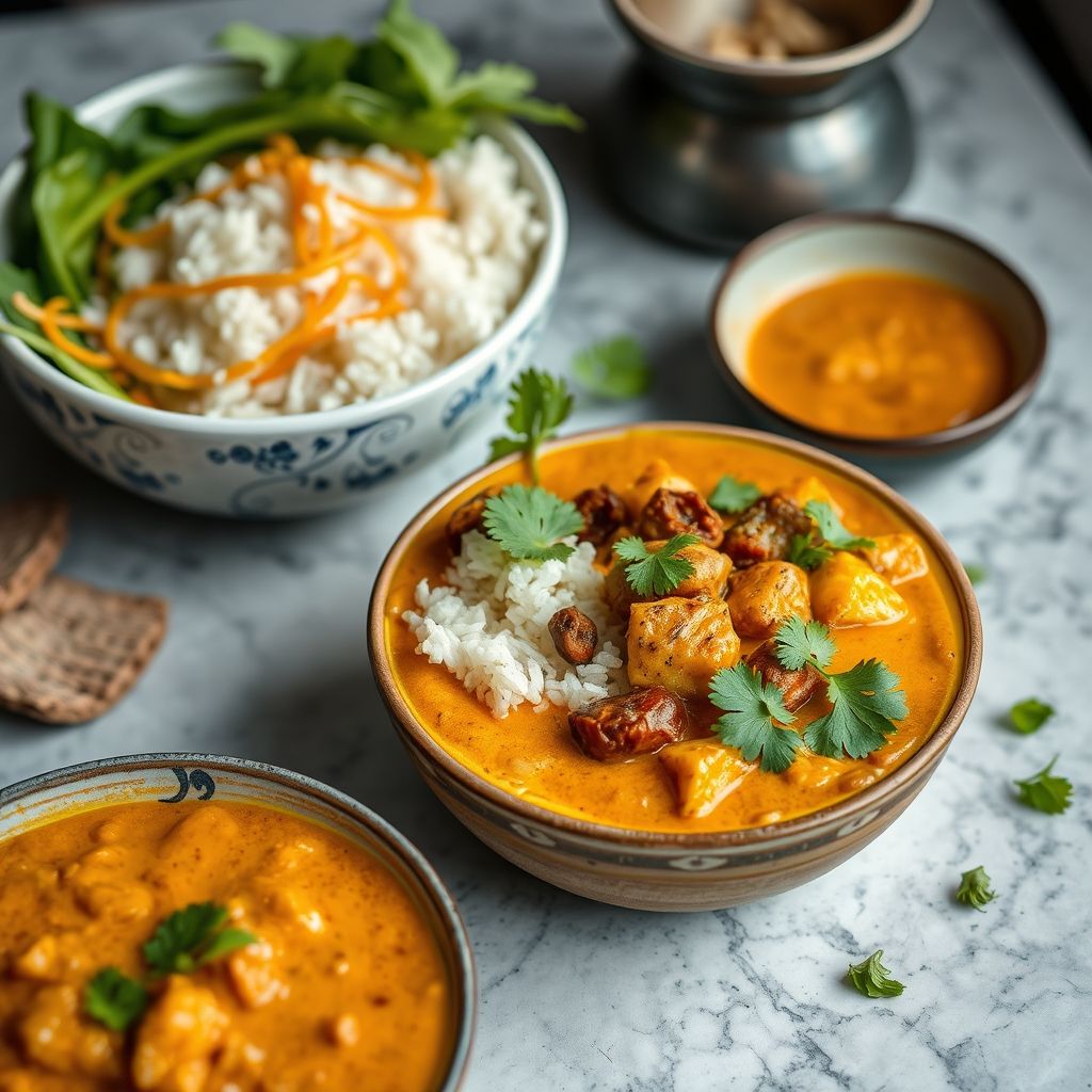 Curry Massaman de ternera servido en cazuela con arroz jazmín y cacahuetes tostados