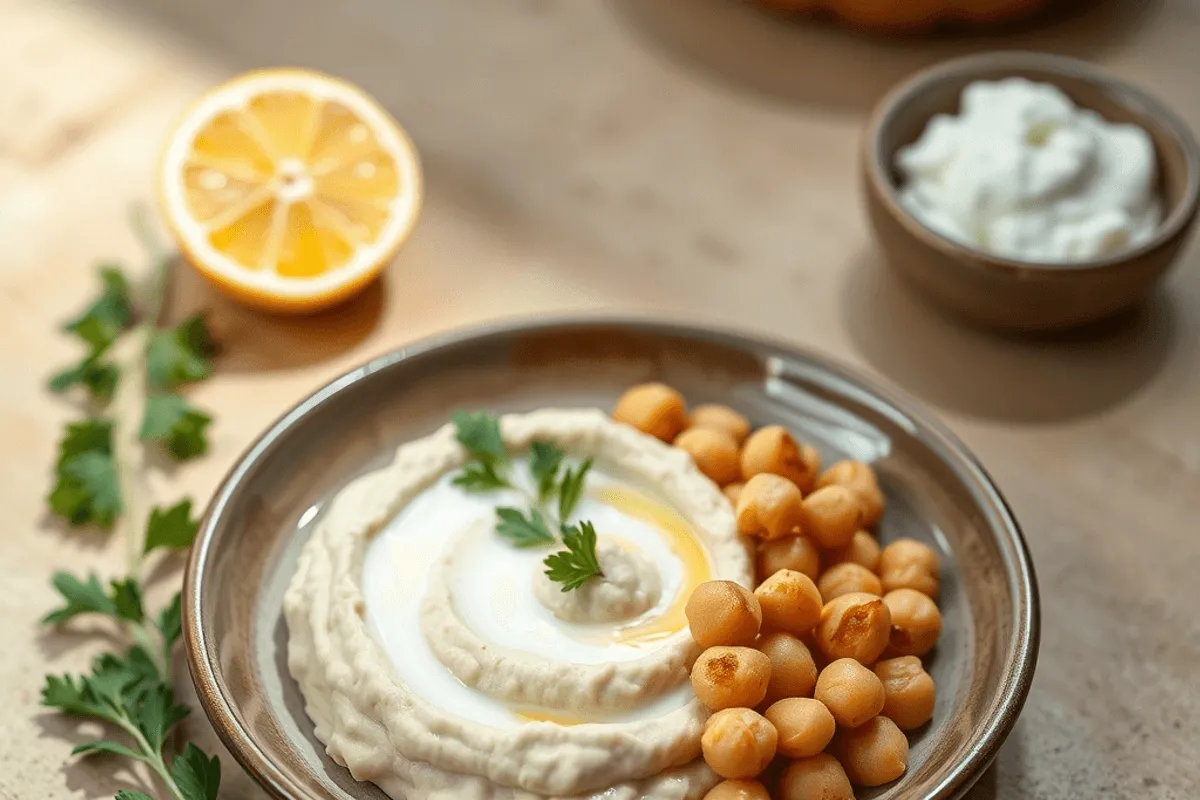 Cuenco de hummus turco cremoso decorado con un poco de pimentón y aceite de oliva