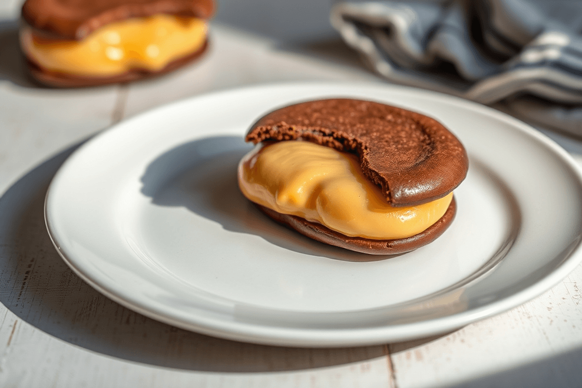 Alfajores de chocolate uruguayos con relleno de dulce de leche, bañados en chocolate fundido y decorados con ralladura de naranja