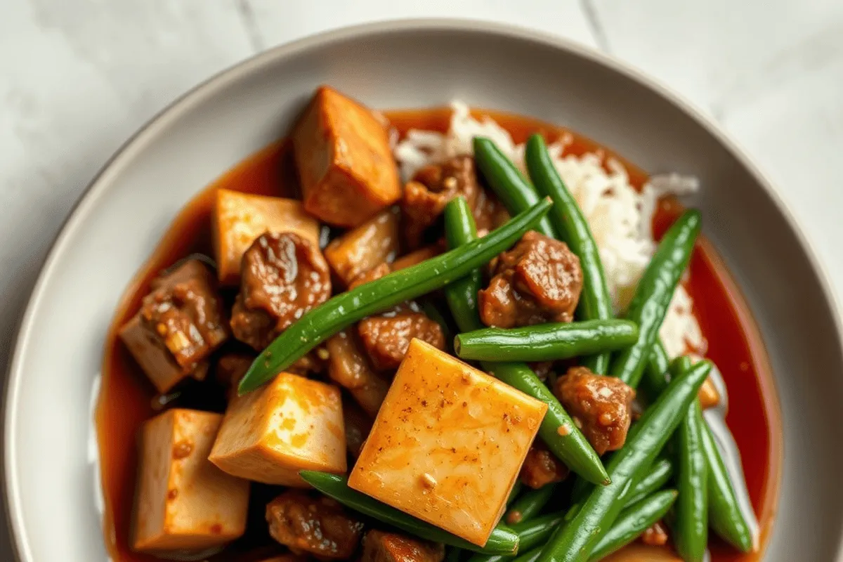 Plato de Mapo Tofu con cubos de tofu bañados en salsa roja brillante y carne picada, espolvoreado con cebolleta verde.