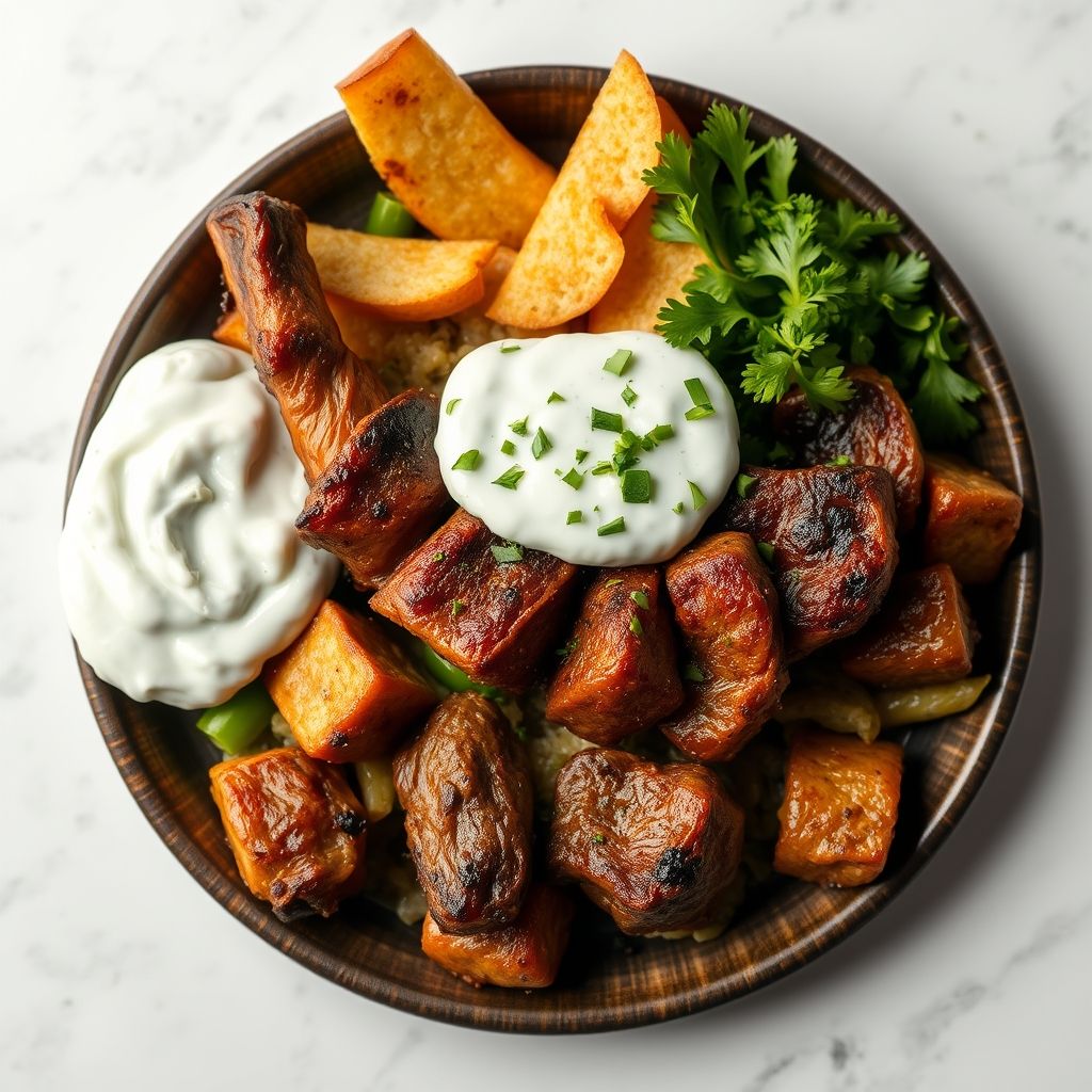 Berenjenas asadas rellenas de tomate especiado, servidas con chuletas de cordero y tzatziki fresco en una mesa de verano.