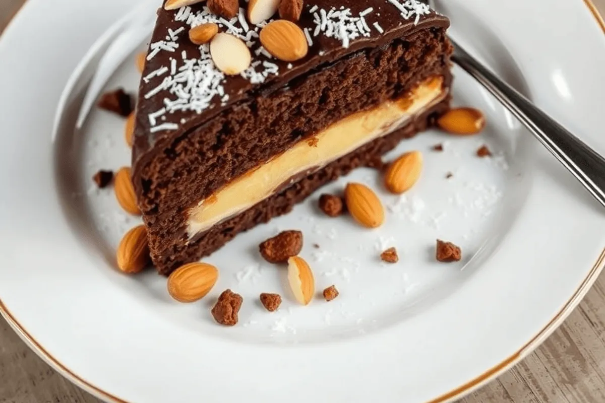 Trozo de bizcocho de chocolate vegano húmedo decorado con chocolate fundido