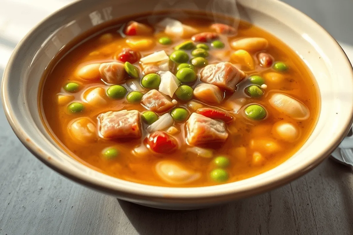 Cuenco humeante de sopa cremosa de guisantes verdes decorado con trozos de jamón deshebrado, acompañado de una rebanada de pan.