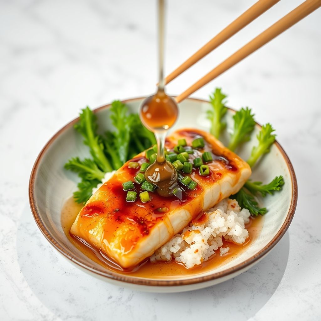 Filete de salmón glaseado en un plato blanco con semillas de sésamo