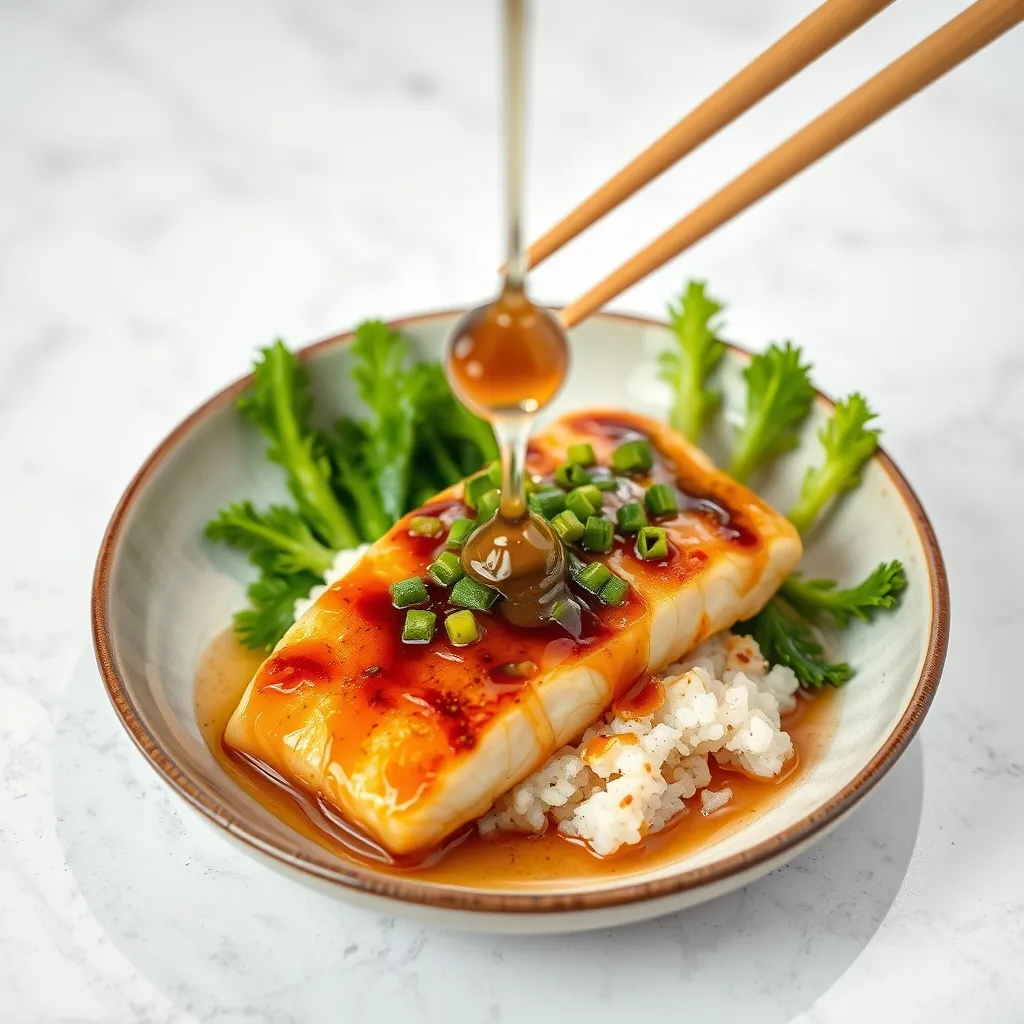 Filete de salmón glaseado en un plato blanco con semillas de sésamo