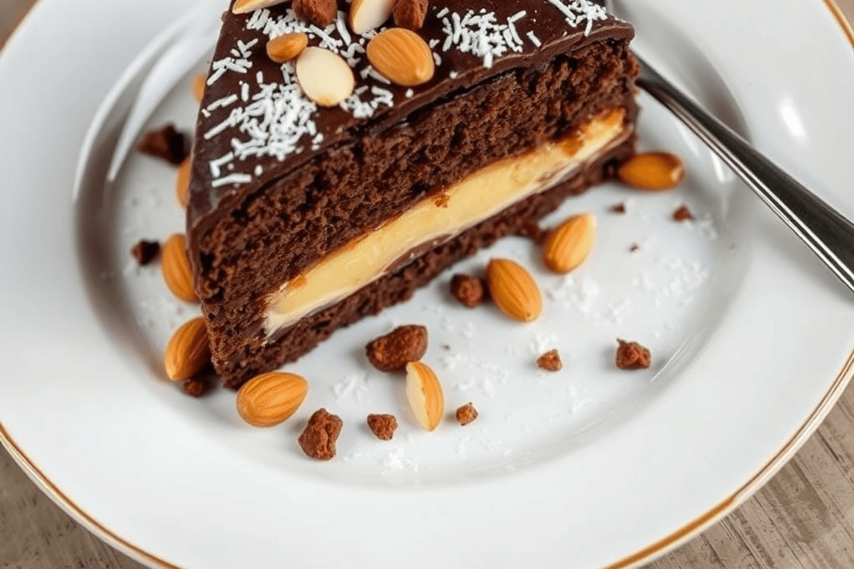 Trozo de bizcocho de chocolate vegano húmedo decorado con chocolate fundido