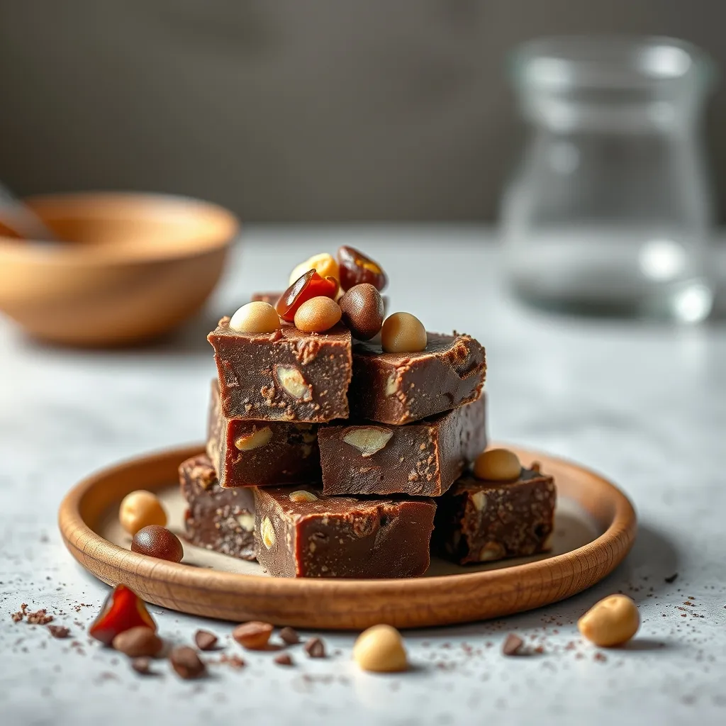 Fudge de chocolate caliente con capas de chocolate negro y blanco, coronado con malvaviscos miniatura, cortado en cuadrados sobre una tabla de madera.