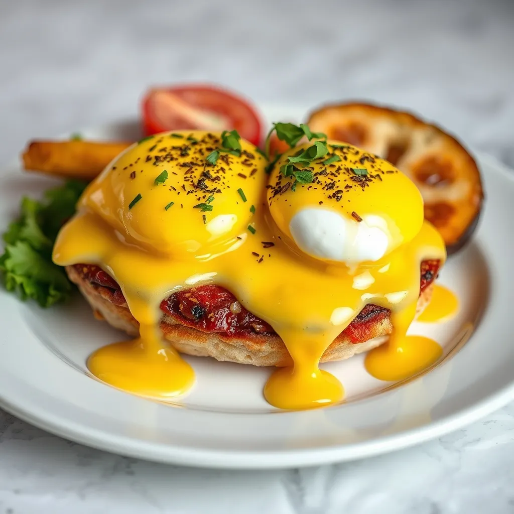 Plato de huevos Benedict con salmón ahumado, huevo pochado y salsa holandesa sobre muffin tostado