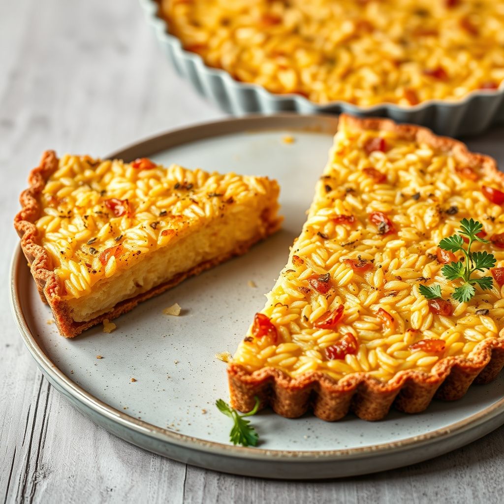 Tarta de arroz holandesa recién horneada, con superficie dorada y relleno cremoso visible en el corte