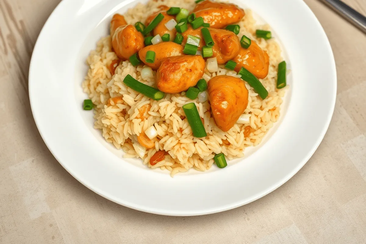 Plato de arroz frito con pollo, verduras y huevos, servido en una sartén con cebolleta fresca encima