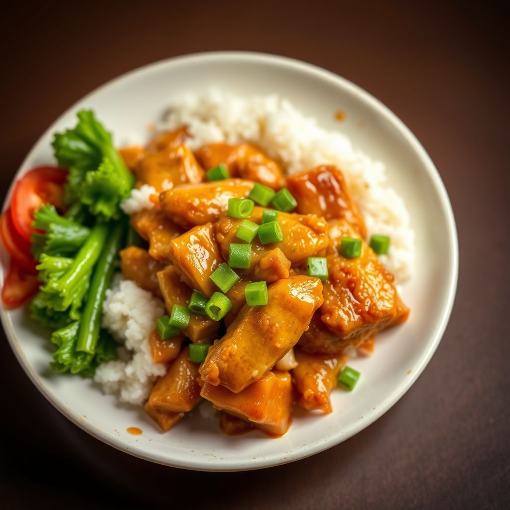 Plato de Pollo del General Tso con trozos dorados bañados en salsa brillante rojiza y espolvoreado con cebolleta.