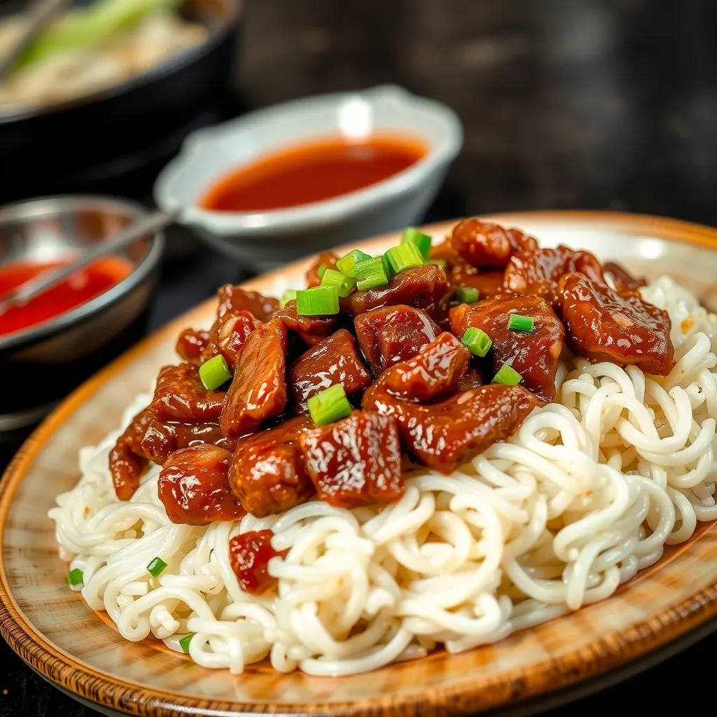 Plato de ternera al estilo Sichuan con verduras variadas y salsa brillante servido en un cuenco blanco.