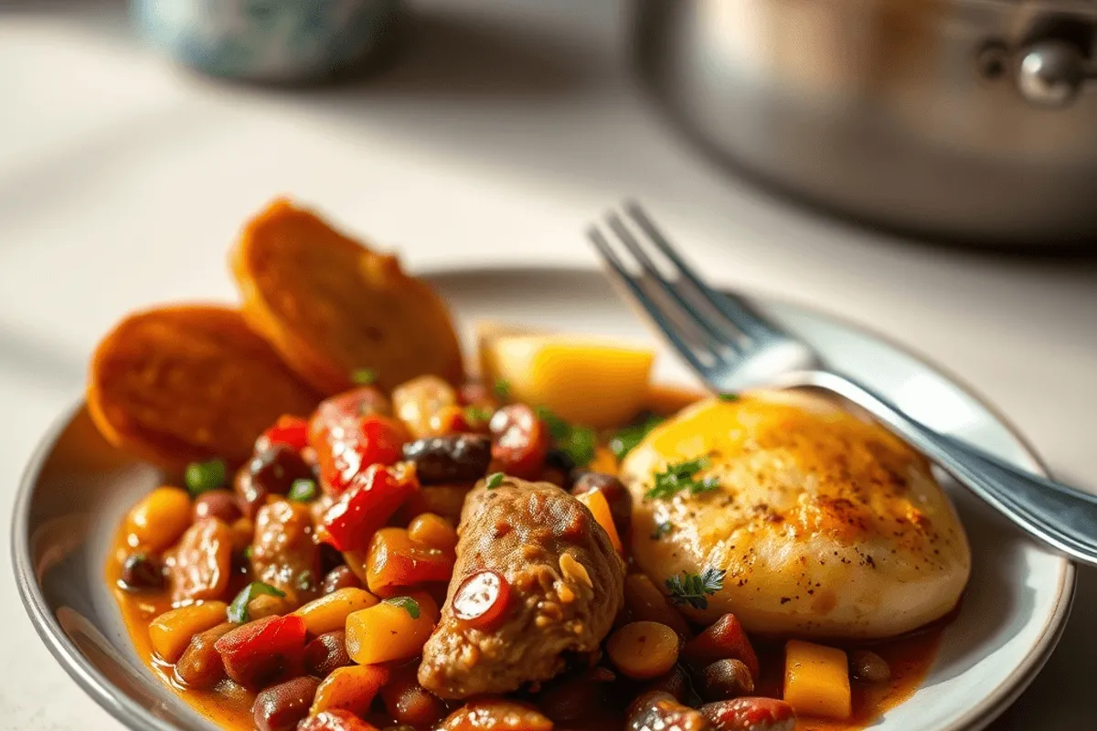Cazuela de barro humeante llena de un guiso oscuro de alubias pintas, trozos de pollo desmenuzado, rodajas de chorizo rojizo y patatas, servida en una mesa de madera rústica.