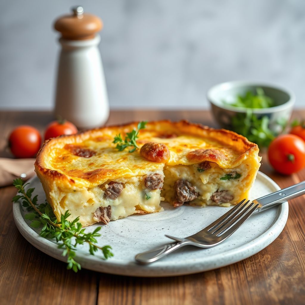 Pastel de cordero y patata dorado y crujiente, servido en una fuente de horno con vapor saliendo de las rendijas de la masa.