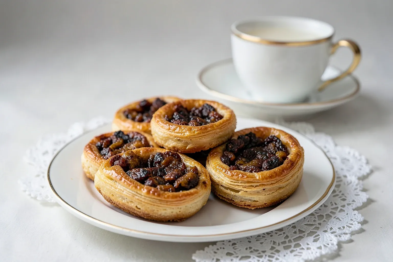 Tortitas de Eccles doradas y crujientes, dispuestas sobre una rejilla con una taza de té al fondo