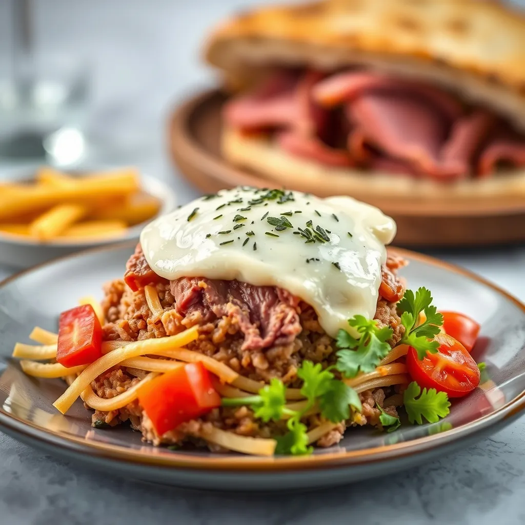 Hash de corned beef dorado en sartén con perejil fresco espolvoreado