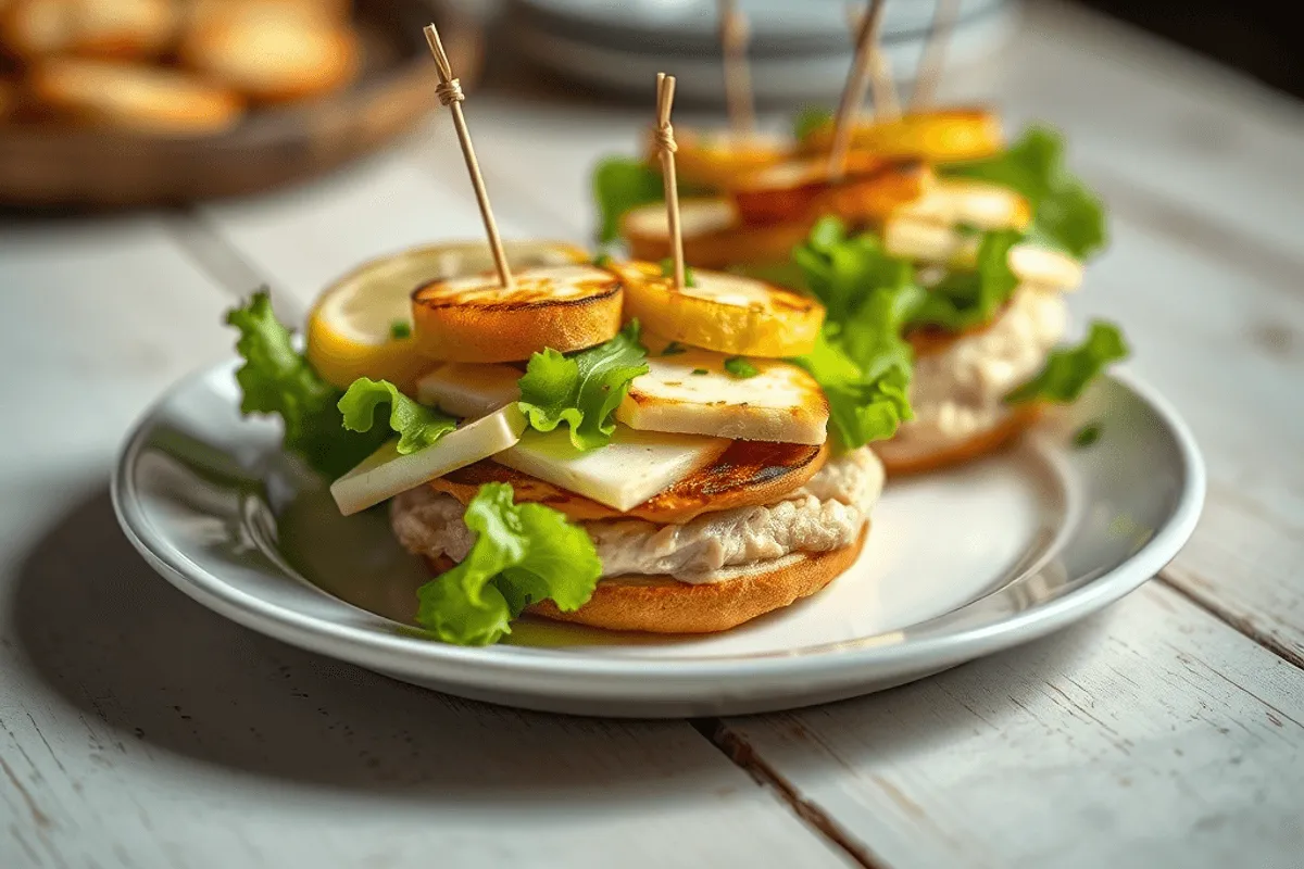 Hamburguesa abierta mostrando pollo glaseado, queso halloumi dorado y ensalada de col fresca