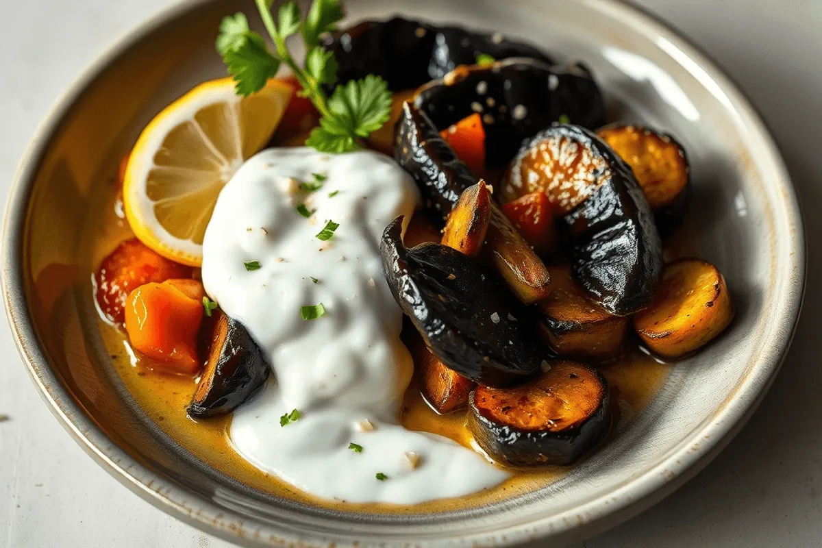 Berenjenas a la plancha con salsa cremosa de yogur y sésamo espolvoreadas de hierbas frescas