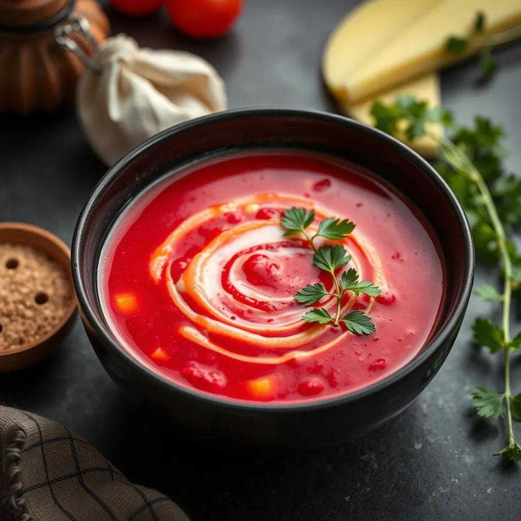 Sopa de remolacha roja intensa servida en un cuenco con eneldo verde