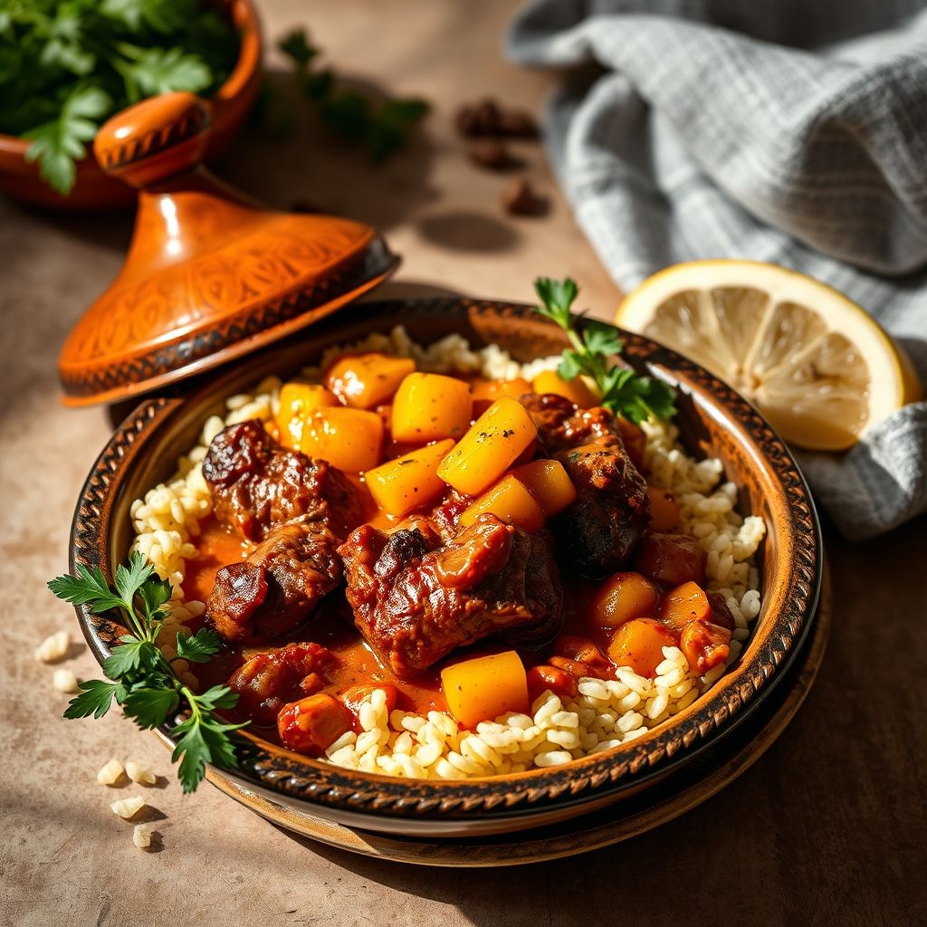 Cazuela de tagine de cordero con calabaza y albaricoques servida con cuscús