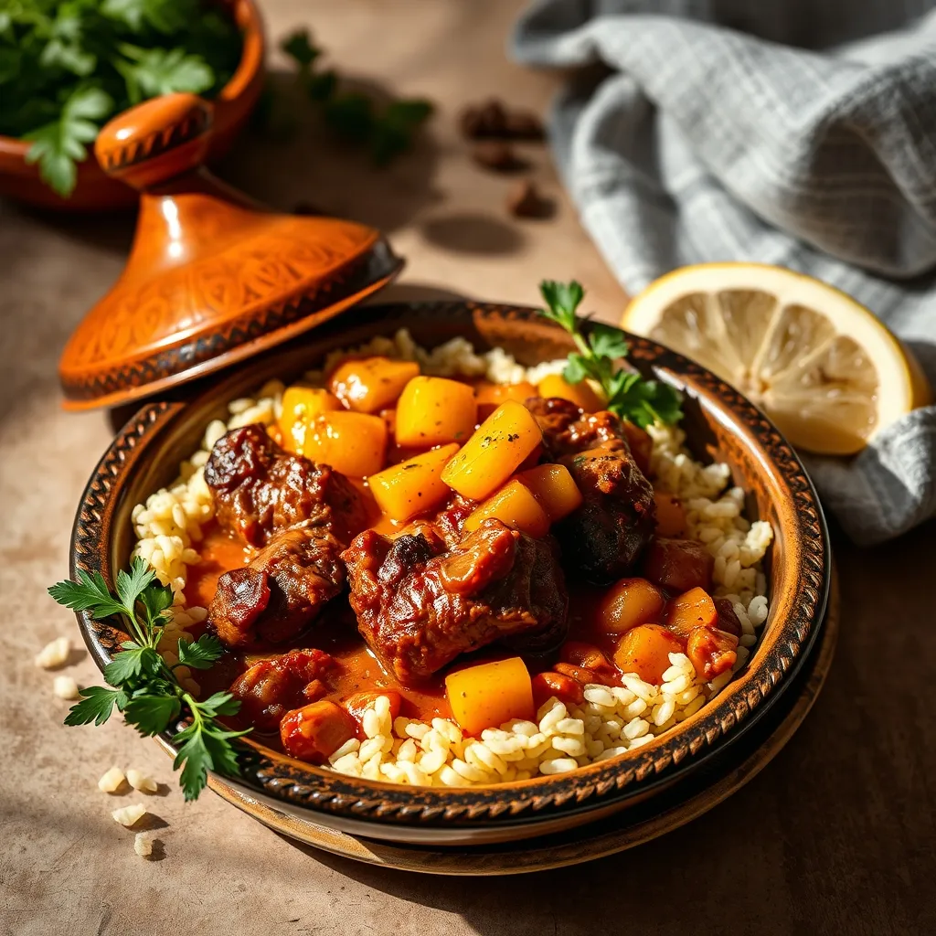 Cazuela de tagine de cordero con calabaza y albaricoques servida con cuscús