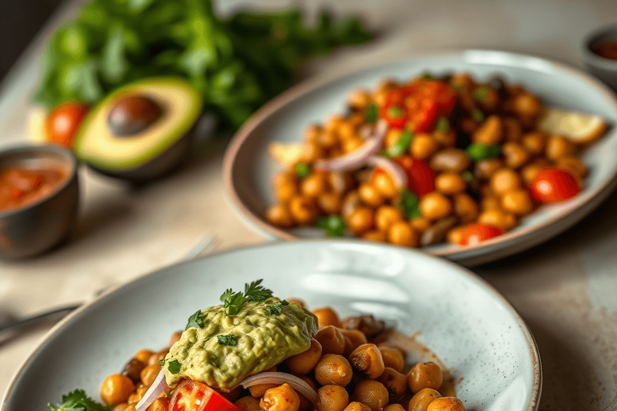 Fajitas de garbanzos crujientes con guacamole, salsa de harissa y verduras encurtidas