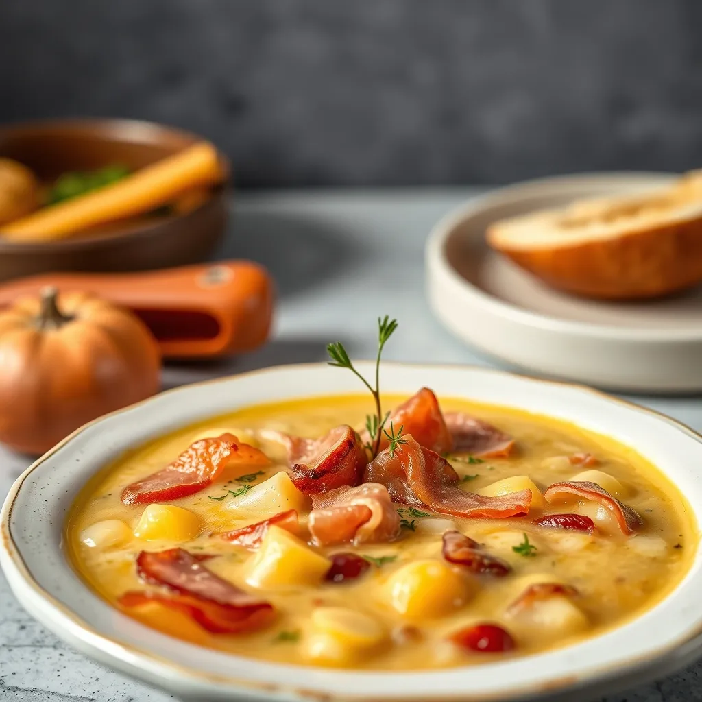 Cuenco humeante de sopa cremosa de guisantes verdes decorado con trozos de jamón deshebrado, acompañado de una rebanada de pan.