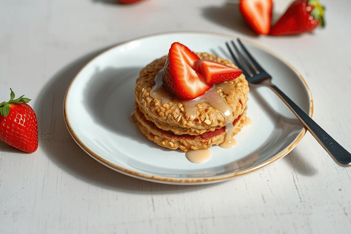 Tortitas de avena apiladas con fresas frescas y sirope encima