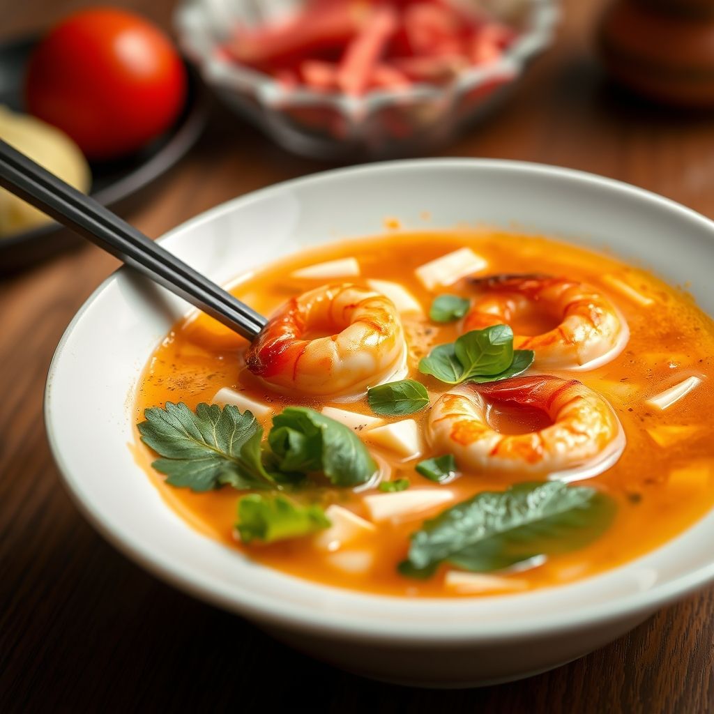 Sopa Tom Yum con gambas, hojas de lima kaffir y cilantro fresco en una taza de cerámica