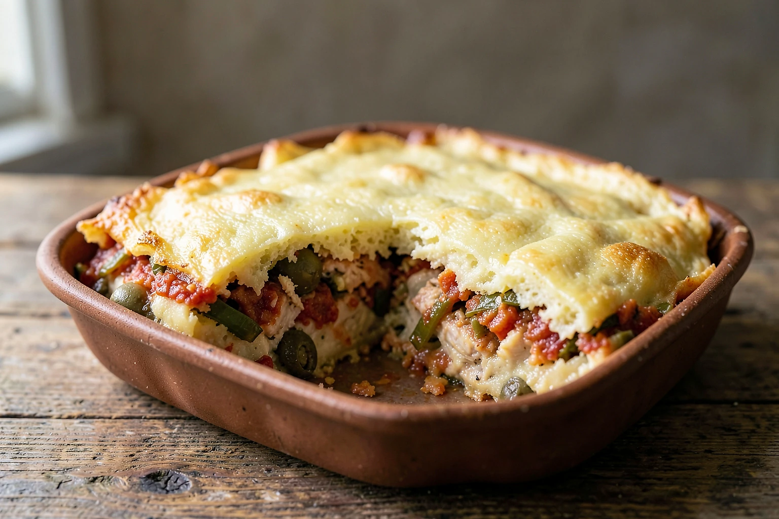 Pastel de pollo y puré de patata con superficie dorada y aceitunas verdes
