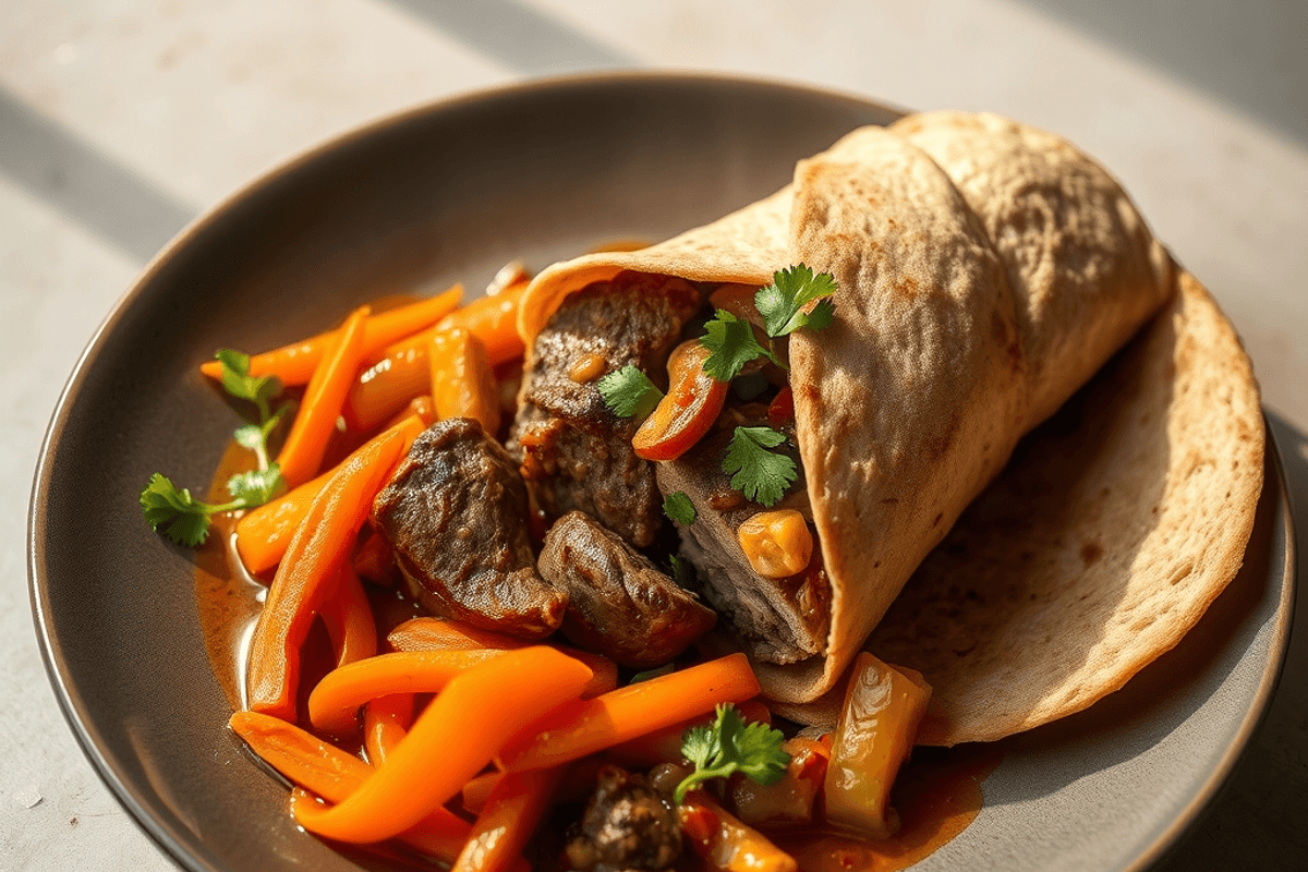 Wrap de pita relleno de lonchas de cordero a la plancha con especias, ensalada de col y zanahoria crujiente y un toque de mayonesa de pimiento naranja.
