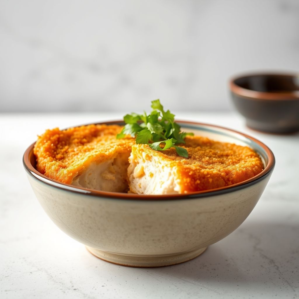 Pechuga de pollo katsu dorada y crujiente servida con salsa curry y arroz blanco