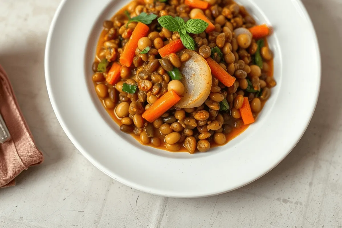 Lasaña vegana recién horneada con capas visibles de pasta, relleno verde de lentejas y una bechamel dorada en la superficie.