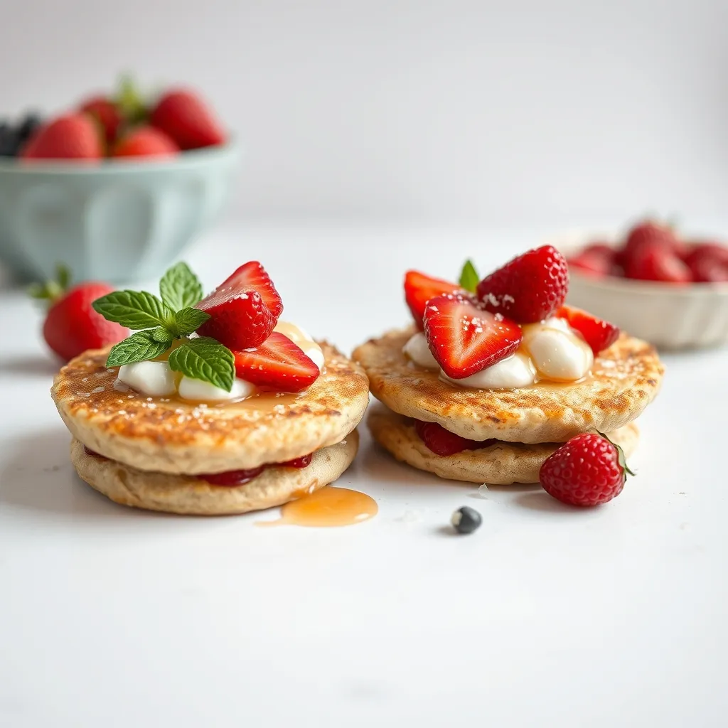 Tortitas de avena apiladas con fresas frescas y sirope encima