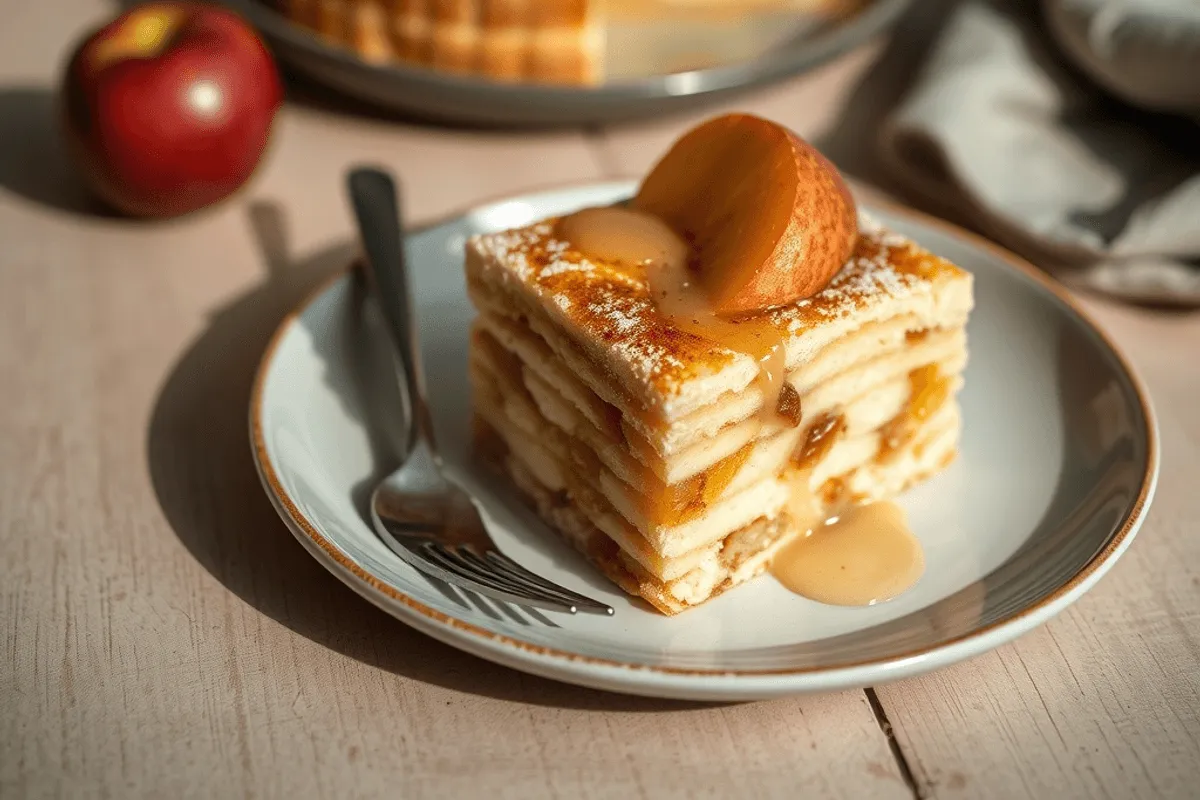 Pastel de manzana holandés dorado con rodajas de manzana en la superficie y espolvoreado con azúcar glass