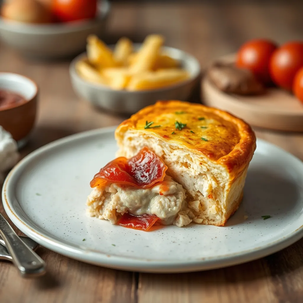 Pastel de pollo, jamón y puerros horneado con una masa dorada y crujiente