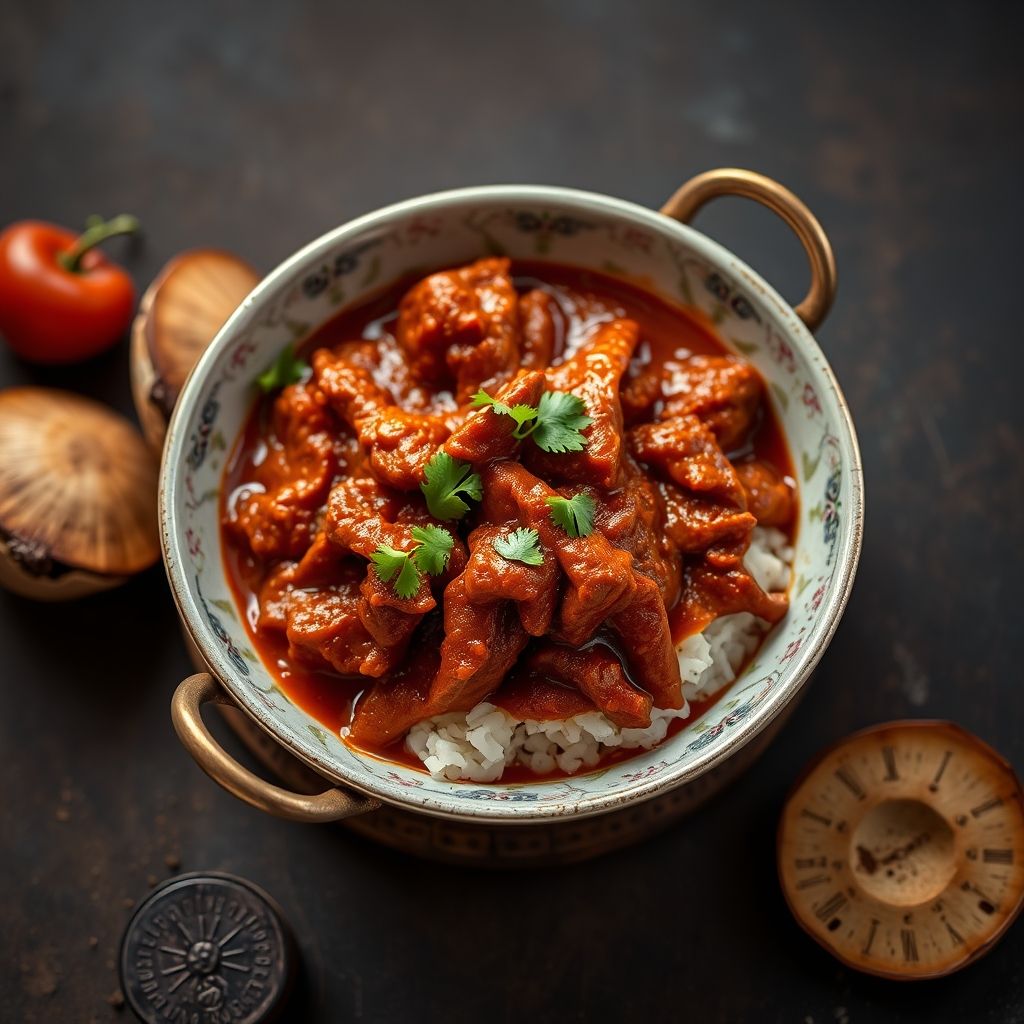 Plato de Cordero Rogan Josh con salsa roja oscura y especias visibles, espolvoreado con cilantro fresco.
