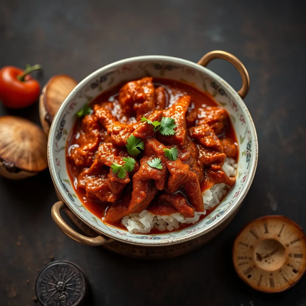 Plato de Cordero Rogan Josh con salsa roja oscura y especias visibles, espolvoreado con cilantro fresco.