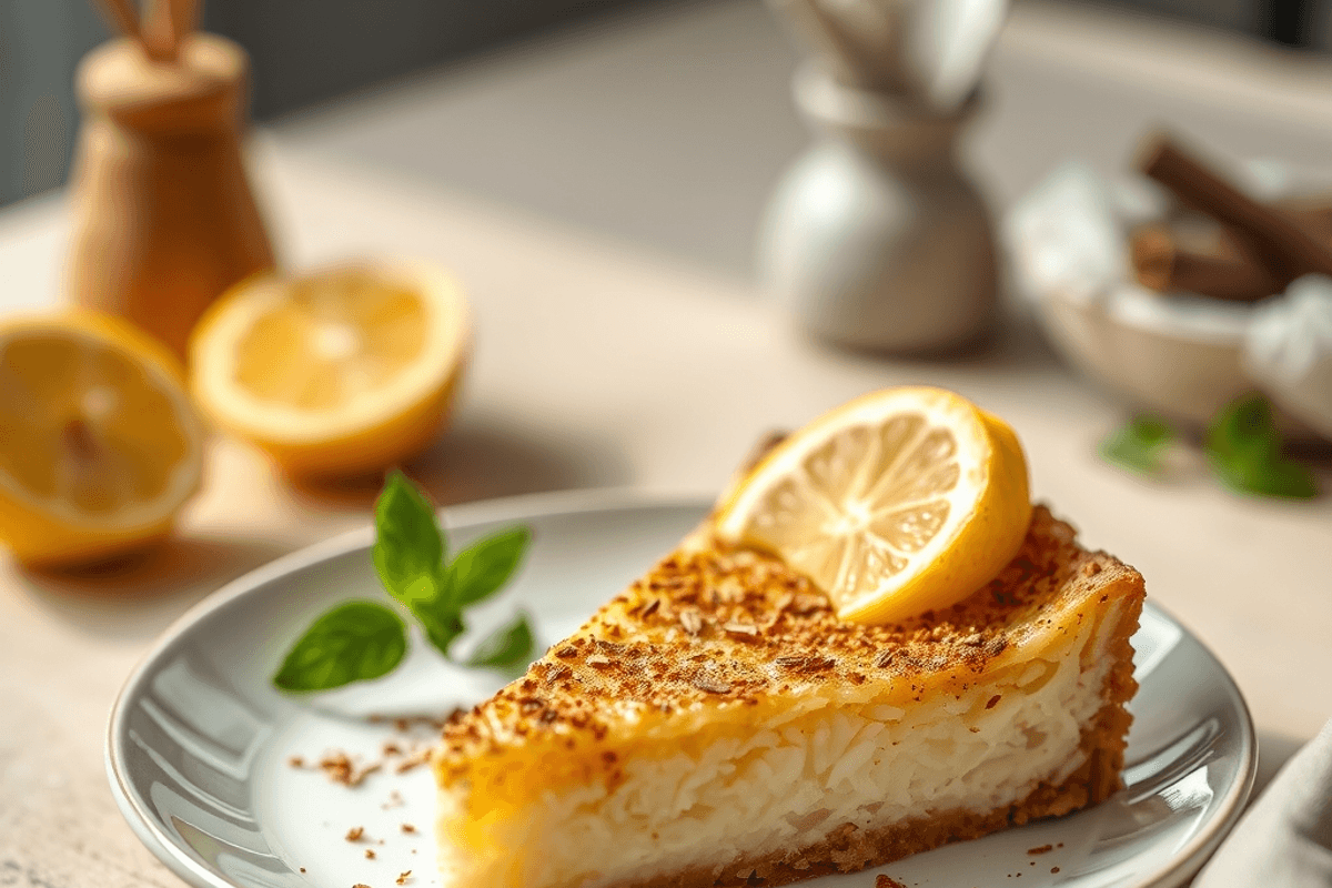 Tarta de arroz holandesa recién horneada, con superficie dorada y relleno cremoso visible en el corte