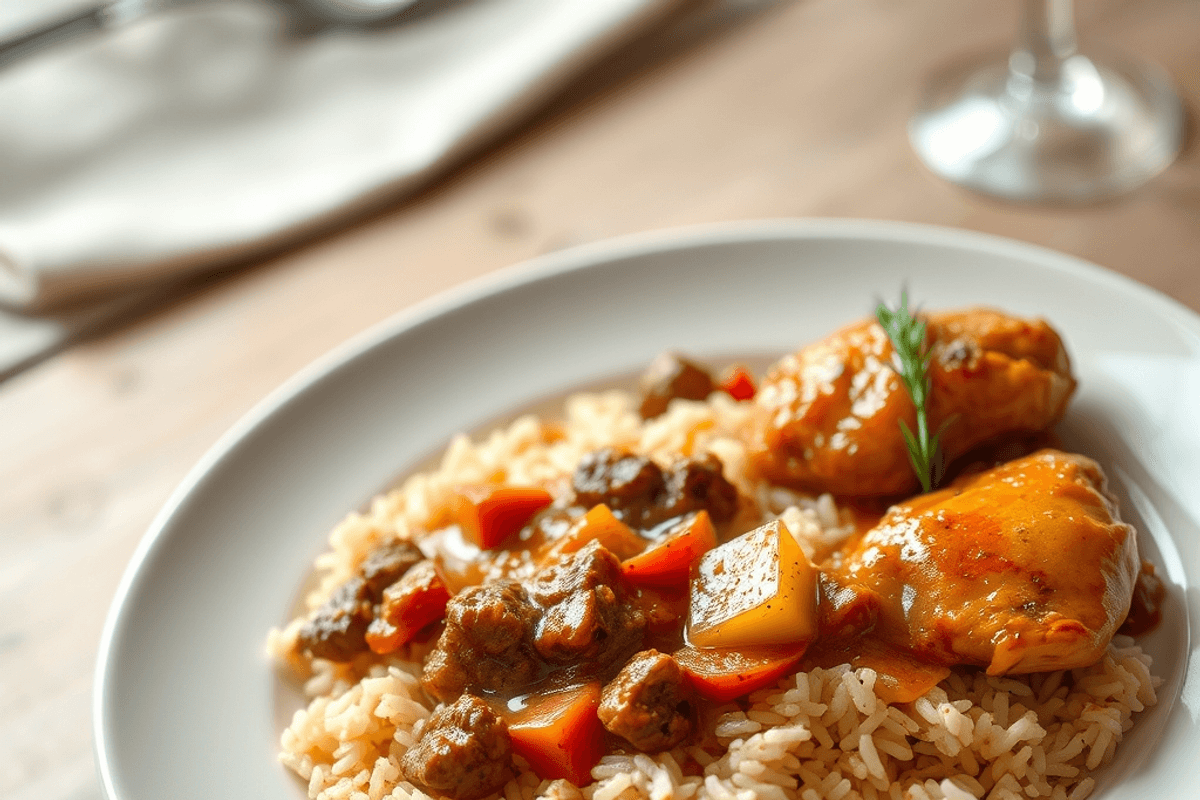 Arroz sirio con carne y piñones servido en una fuente, con textura suave y toque crujiente