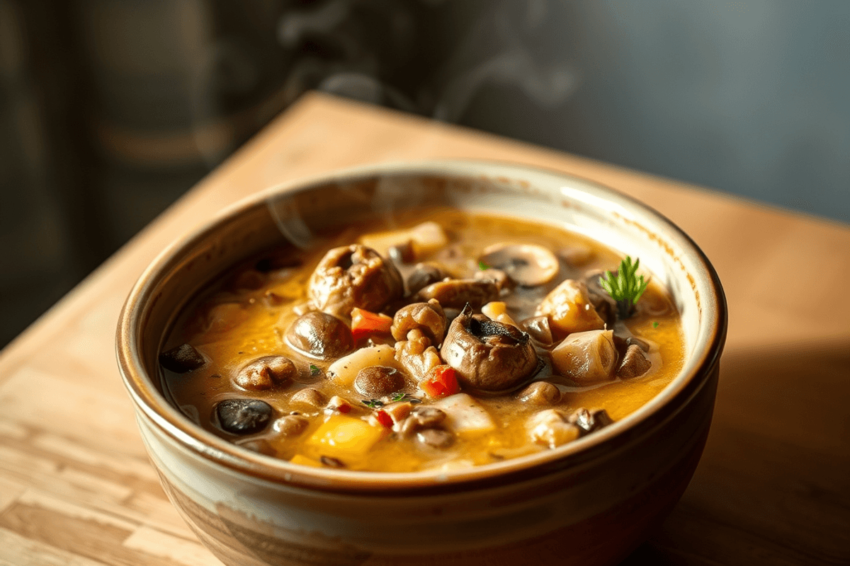Sopa de setas con alforfón servida en cuenco, con perejil fresco y un chorrito de nata agria