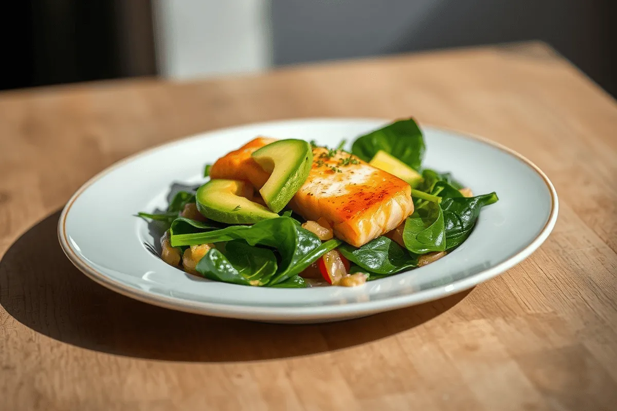 Ensalada de salmón y aguacate servida en plato blanco, con vinagreta brillante y hojas de menta fresca
