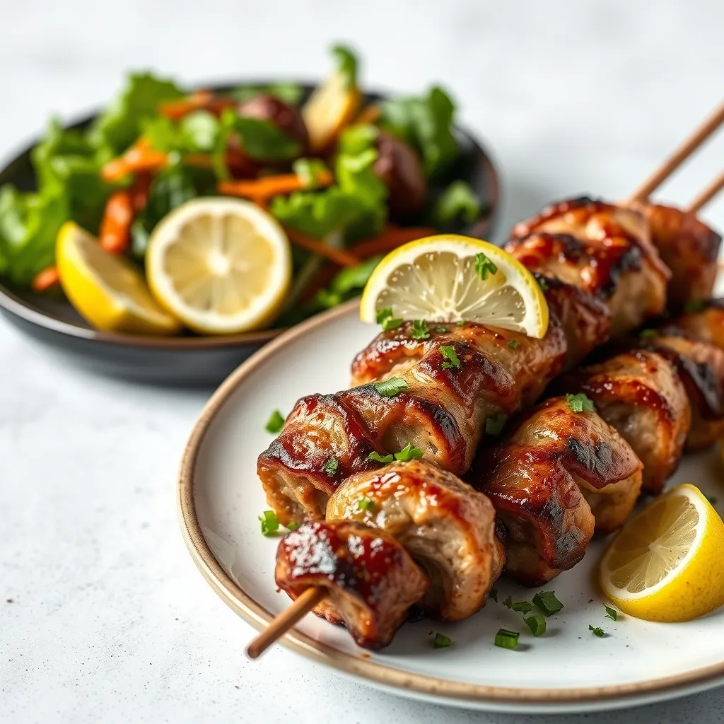 Brochetas de cordero souvlaki servidas con pan pita y salsa tzatziki