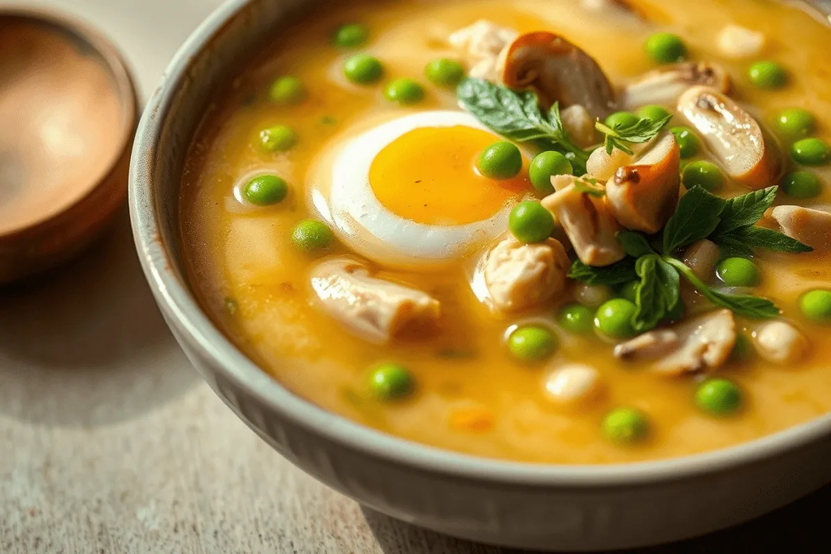 Sopa de huevo al estilo chino servida en cuenco con cebollino fresco y hilos de huevo flotando