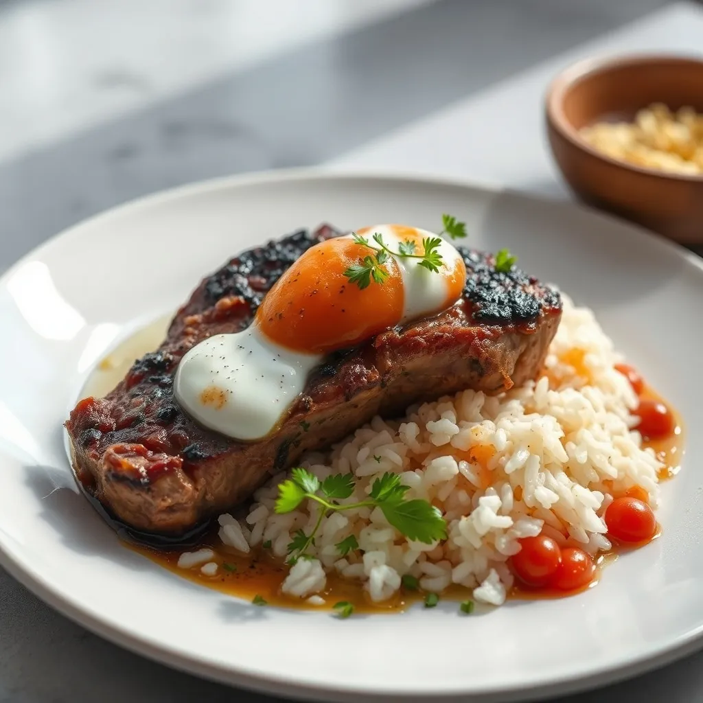Fuente de horno con cordero, arroz y salsa de yogur dorada, listo para servir