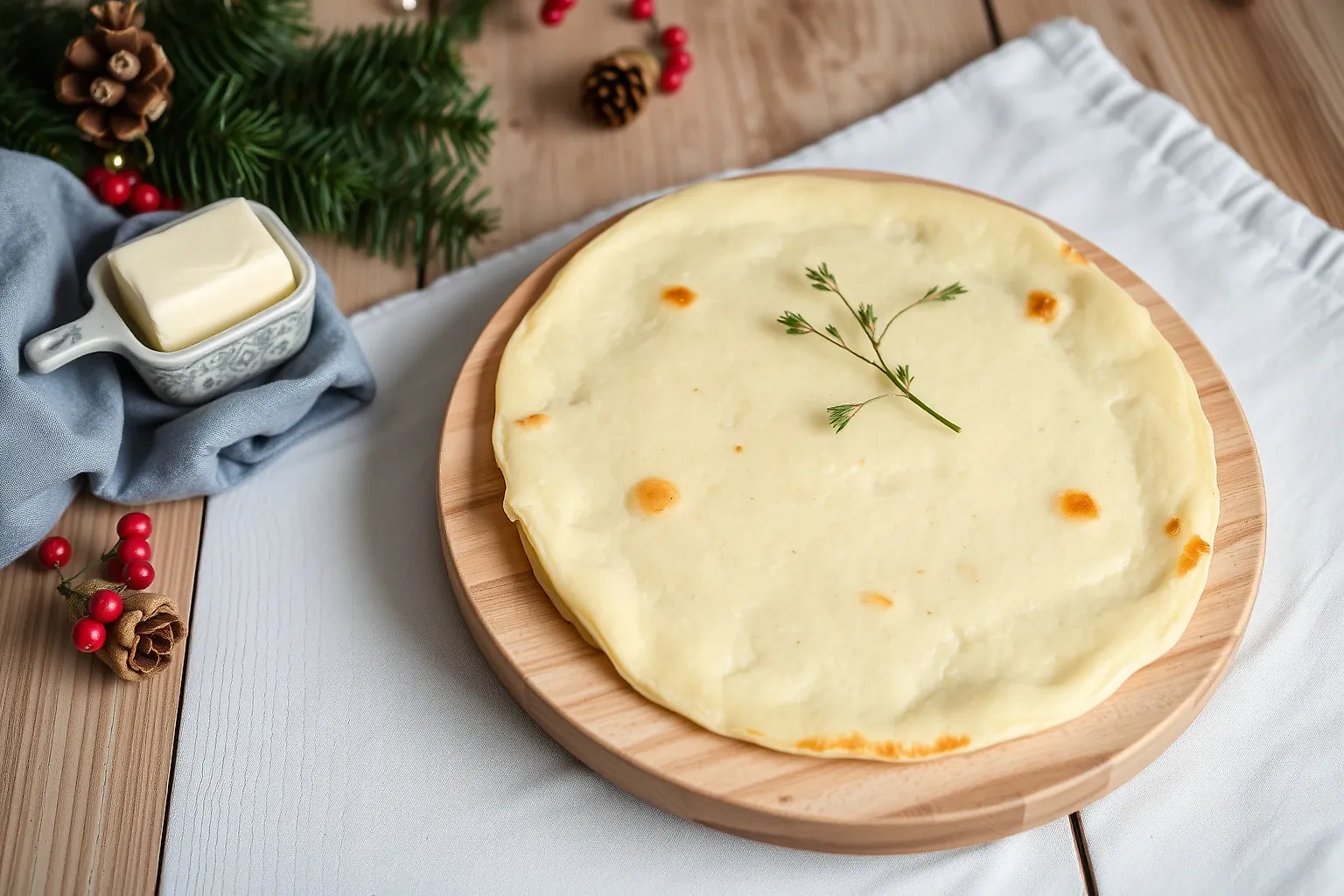 Lefse noruego recién cocinado, plano y flexible, sobre un paño húmedo