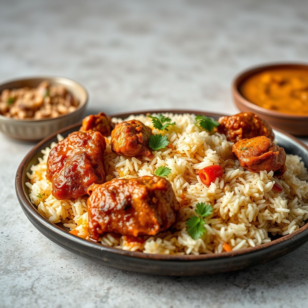Mandi de pollo servido en una olla con arroz dorado, trozos de pollo y decoración de cebolla frita y cilantro fresco