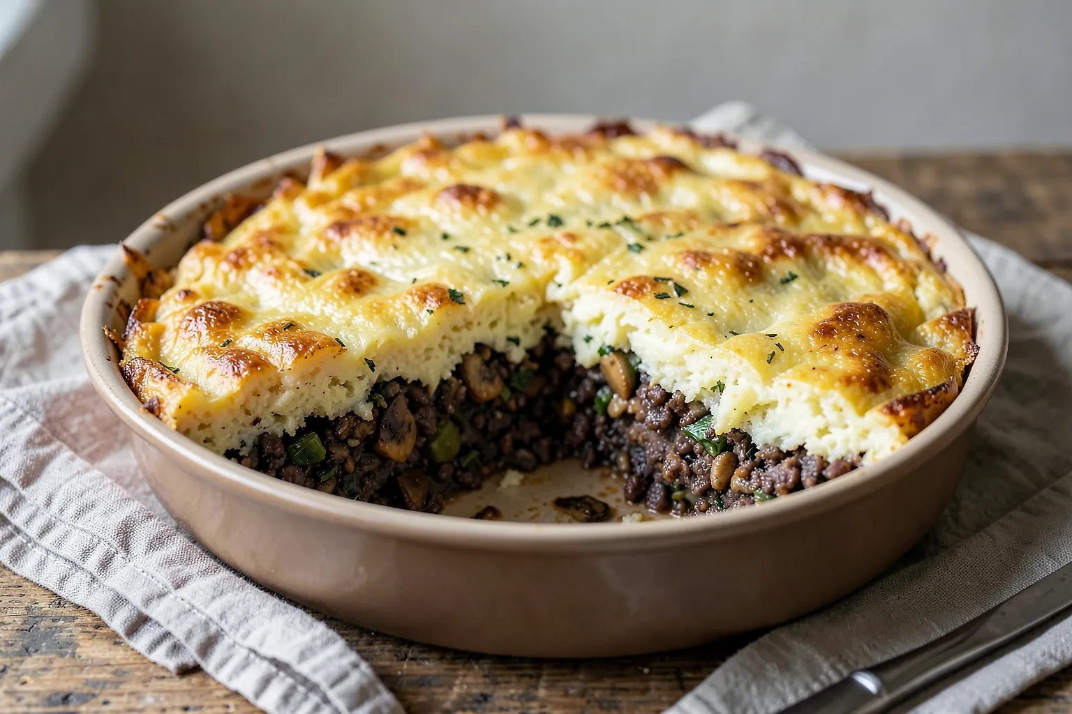 Pastel irlandés de lentejas y verduras con capa dorada de puré de patata