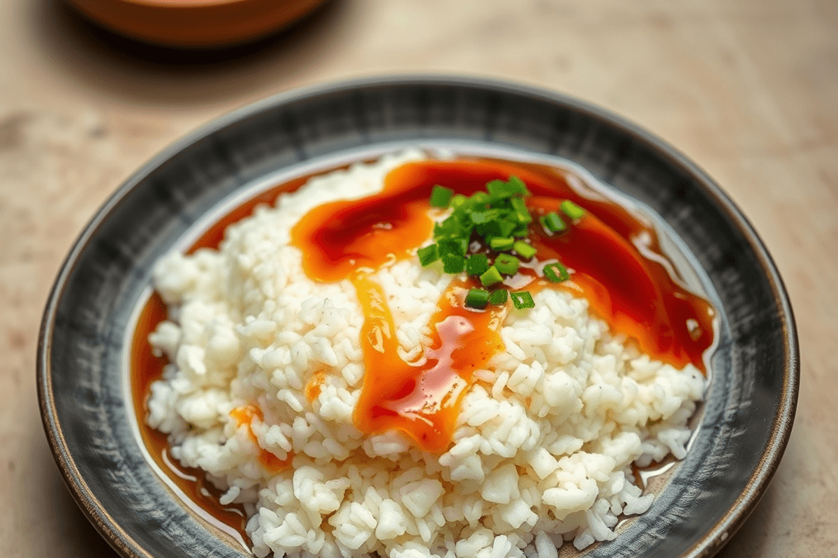Cuenco de arroz japonés gohan brillante, servido con cebollino y jugo de pepinillos